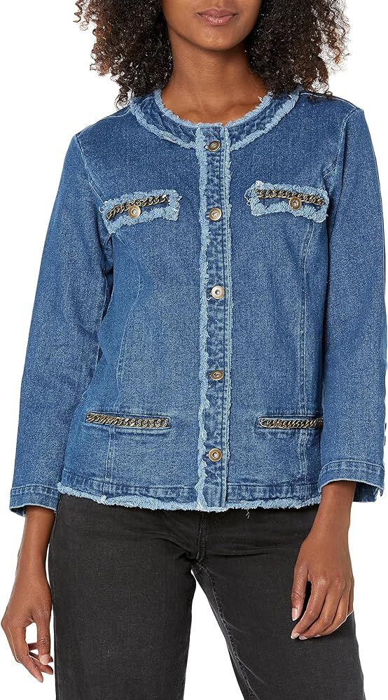 MULTIPLES Women's 3 Quarters Sleeve Button Front Fringed Hem Jacket with Chain Trim | Amazon (US)