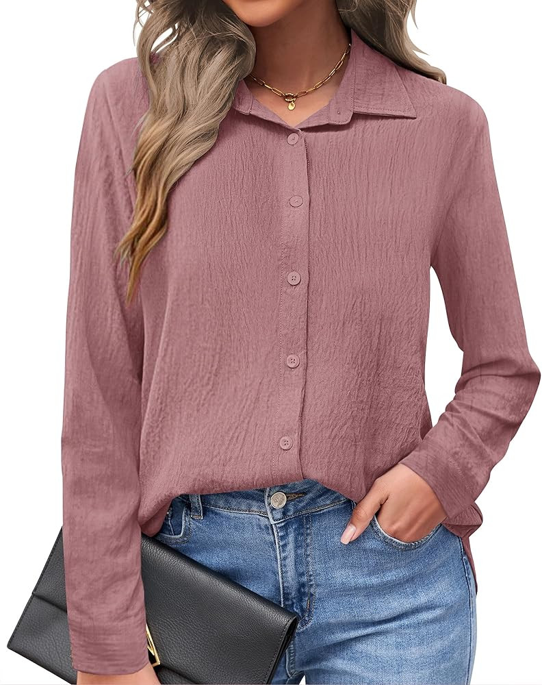 AUSELILY Womens Button Down Shirts Long Sleeve Collared V Neck Button Up Tops Casual Work Busines... | Amazon (US)