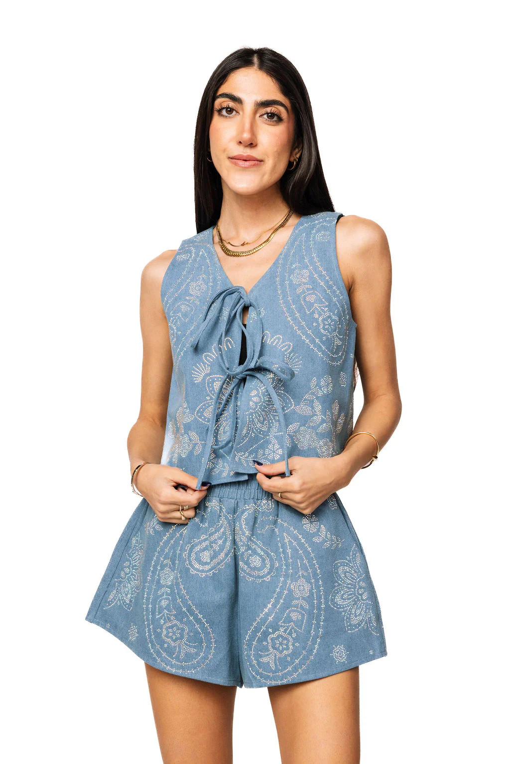 Denim Sequin Paisley Print Tie Tank | Queen of Sparkles