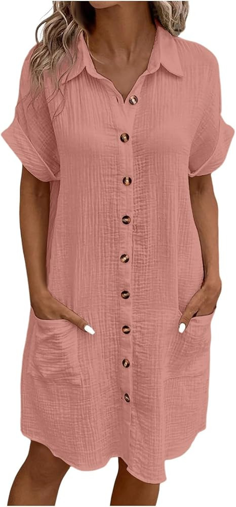 Tshirt Dress with Pockets Womens Button Down Shirt Dress Summer Shorts Sleeve Cotton Linen Casual... | Amazon (US)