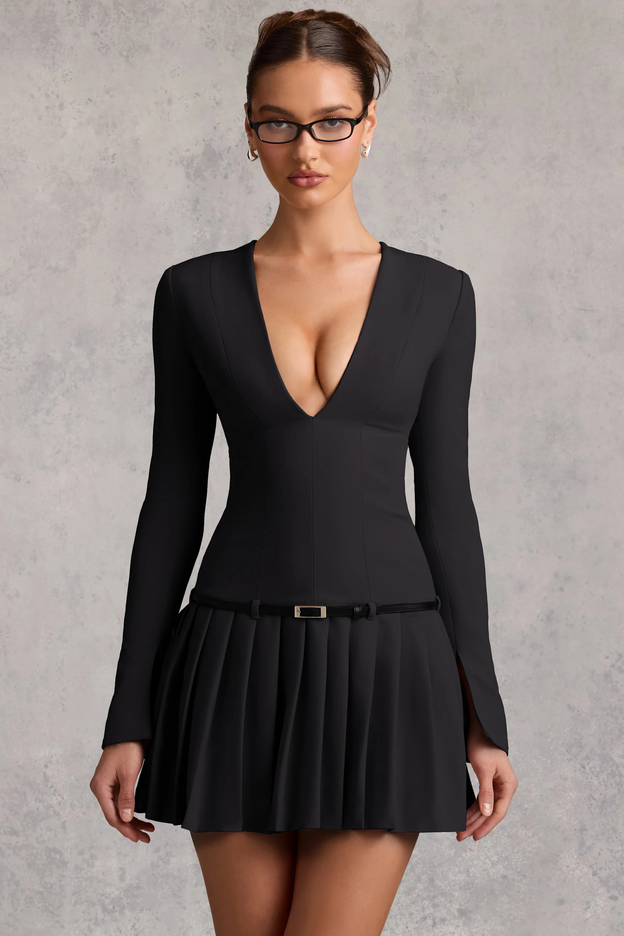 Long-Sleeve Pleated Mini Dress in Black | Oh Polly