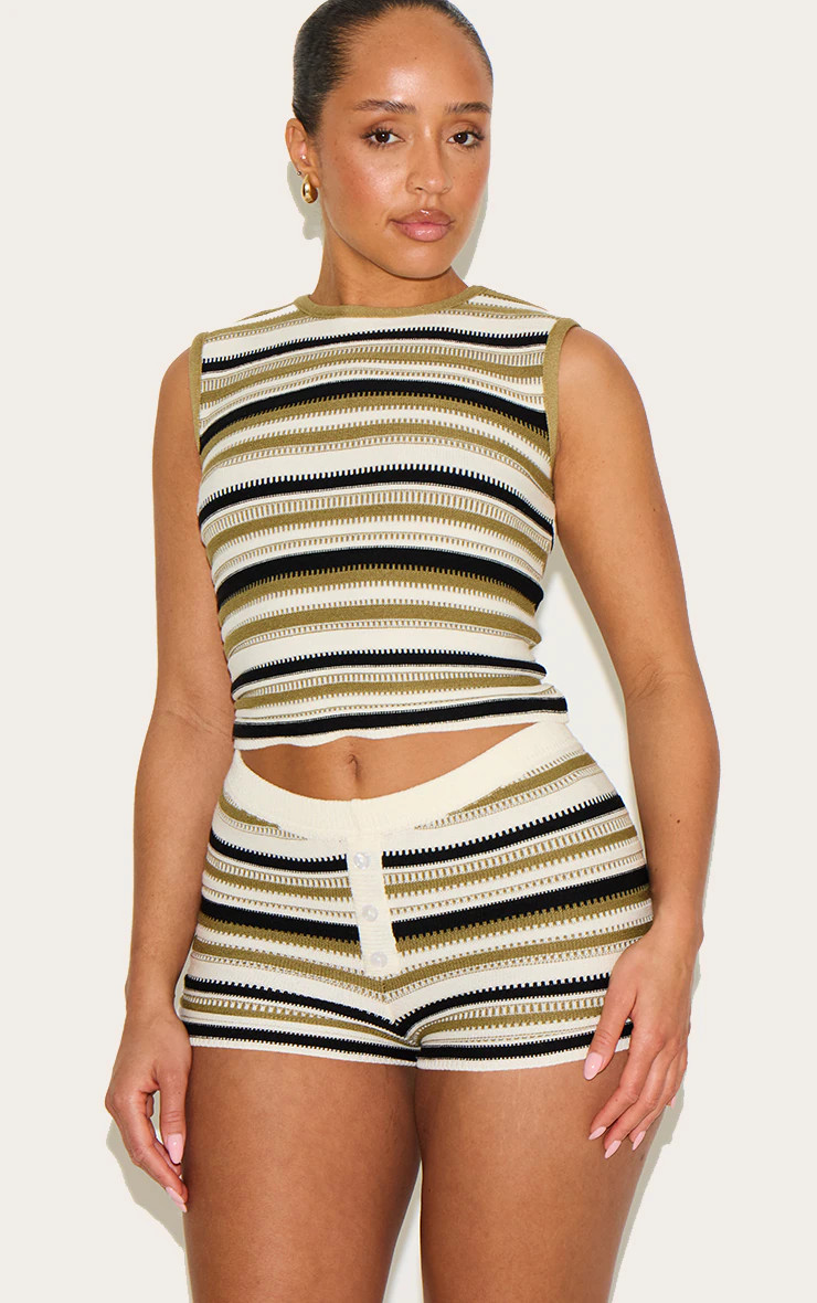 Shape Olive Knitted Striped Vest Top | PrettyLittleThing US