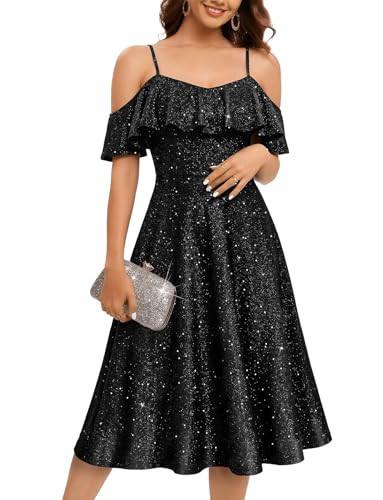Bbonlinedress Black Formal Spring Summer Wedding Guest Dresses for Women Cocktail Off Shoulder Bridal Shower Sequin Glitter Graduation Prom Midi Engagement Dress Evening Gowns Black L | Amazon (US)