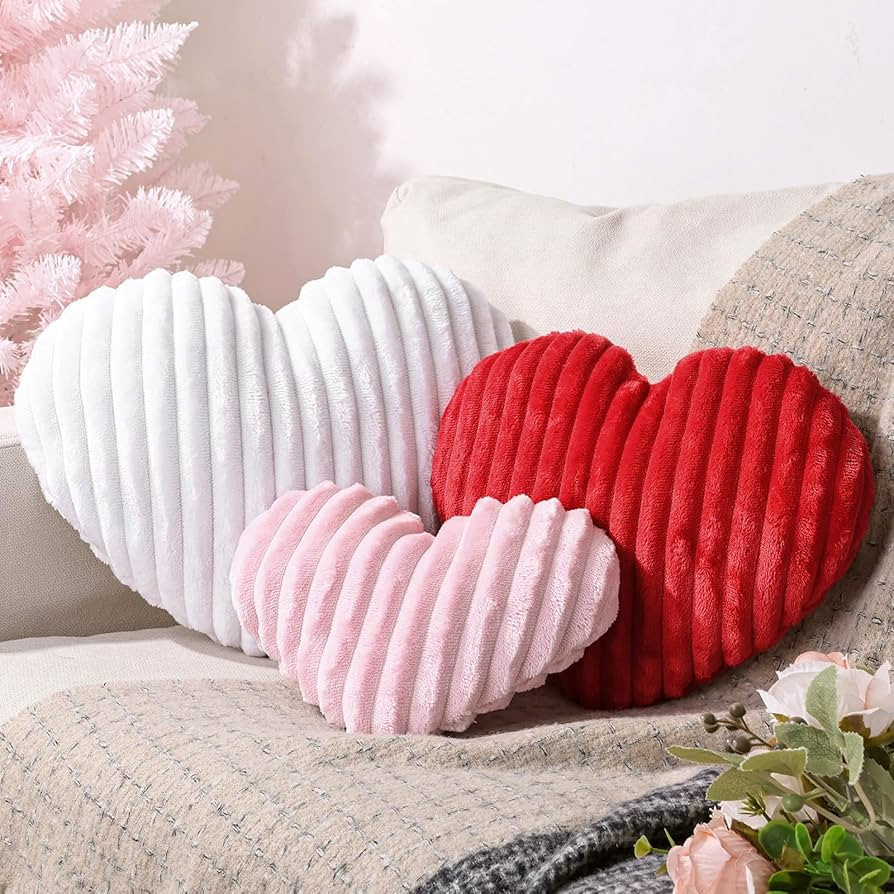 Valentines Day Decor, 3Pcs Plush Faux Fur Striped Valentines Day Pillows, Red Pink White Heart-Sh... | Amazon (US)