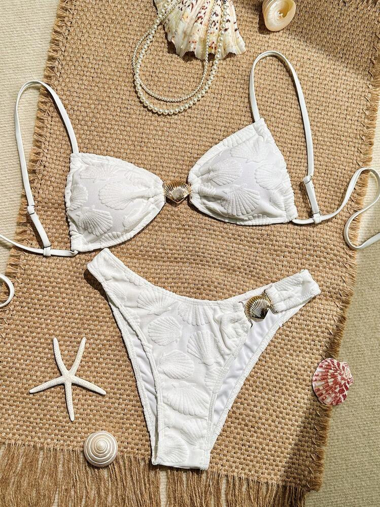 Swim Mod 2pcs/Set Women Summer Beach Shell Decor White Fabric Texture Bandeau Top And High Cut Bikini Bottom Bikini Set | SHEIN