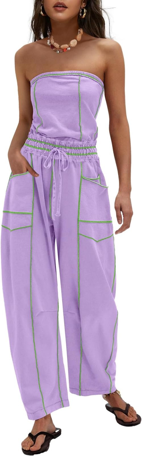 Womens Casual Strapless Jumpsuits off the Shoulder Summer Rompers Sleeveless One Piece Outfits wi... | Amazon (US)