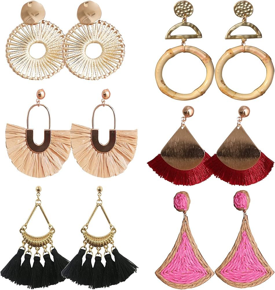 Fashion Statement Earrings for Women Boho Fringe Tassel Rattan Straw lightweight Dangle Trendy Co... | Amazon (US)