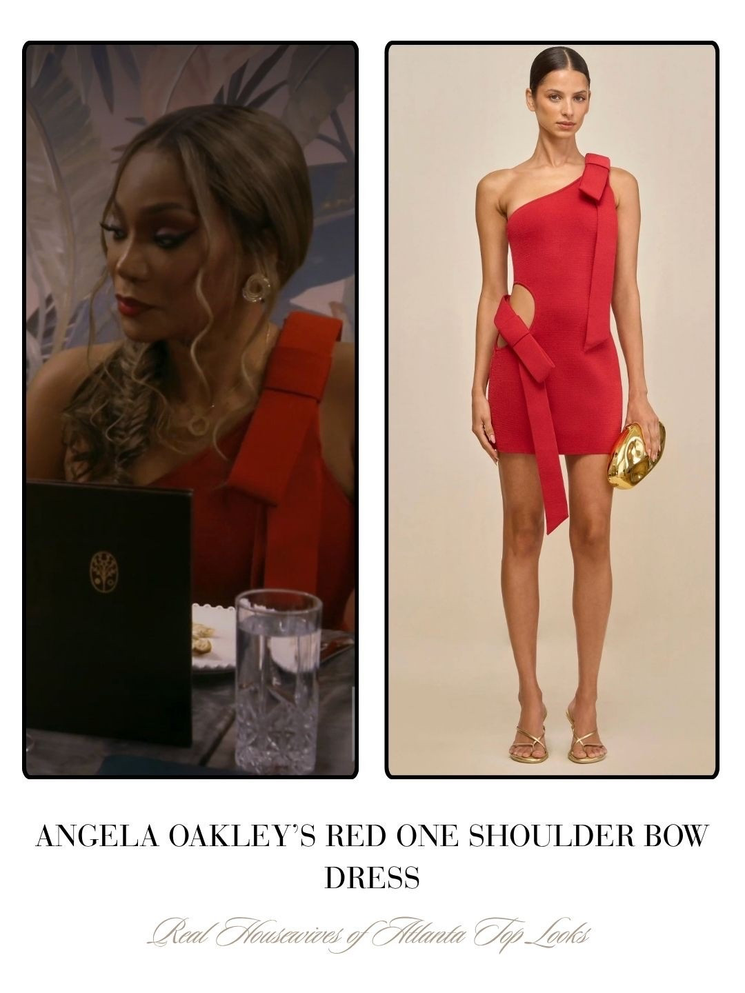 Angela Oakley’s Red One Shoulder Bow Dress