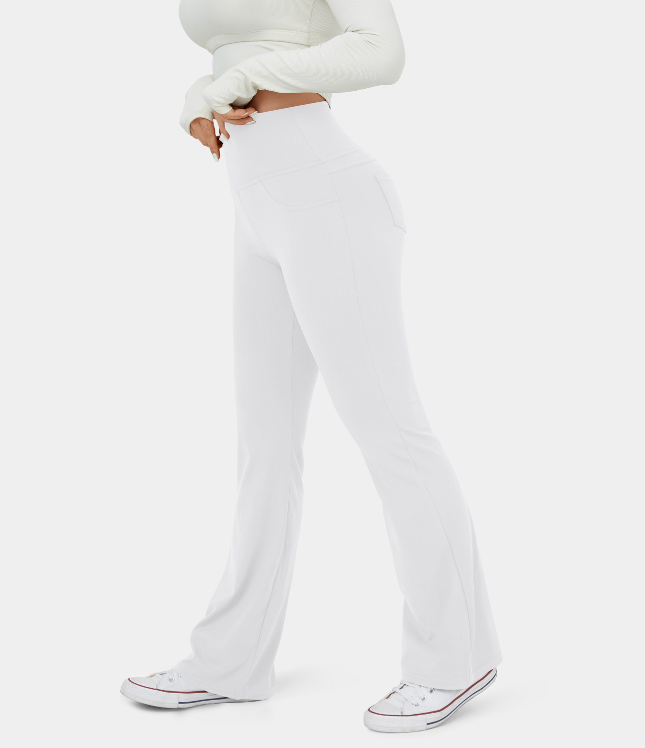 Halara High Waisted Pocket Flare Yoga Leggings - White - L(tall) gym leggings leggings with pockets leggings with butt lift | HALARA