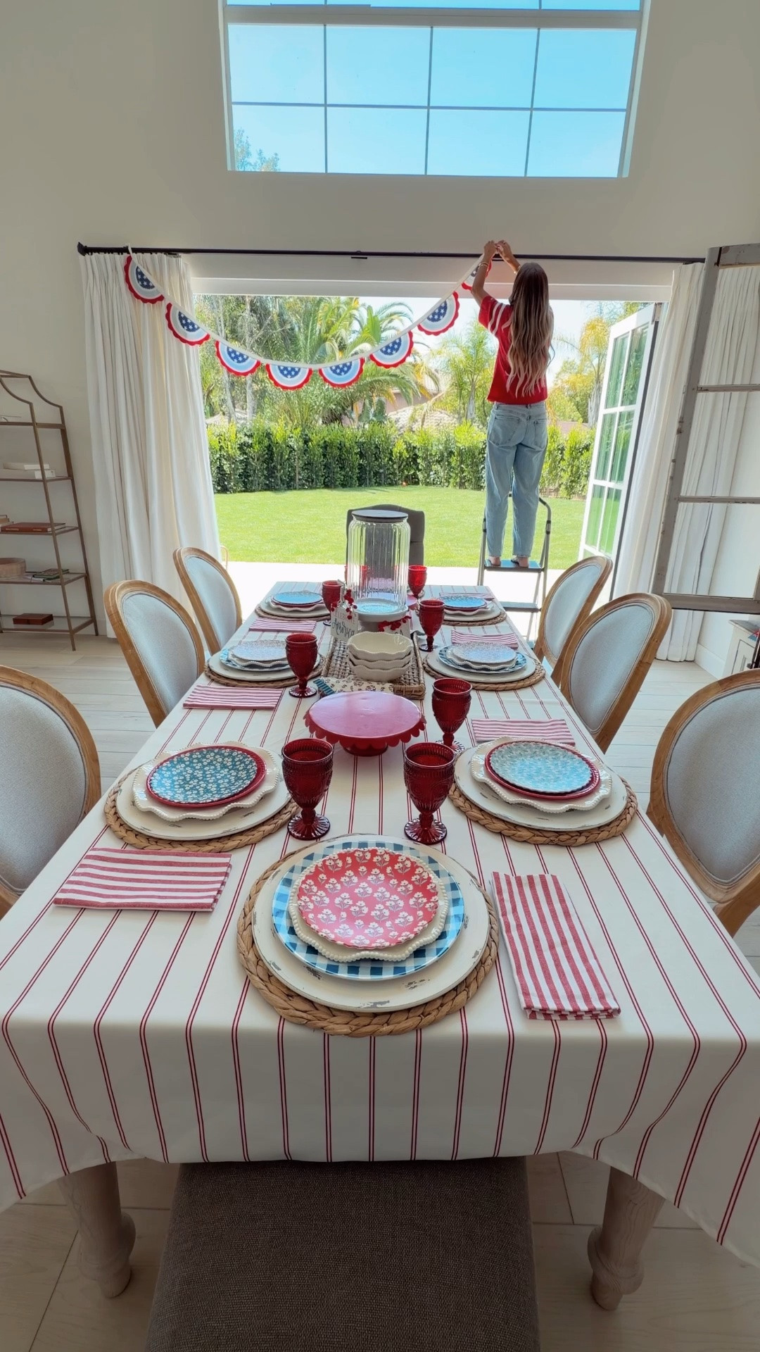 Patriotic Home Decor 
Red White and Blue tablescape 
4th of July decor 
Red striped tablecloth 
Ruffled dishes 
Americana style

#LTKSeasonal #LTKHome #LTKSaleAlert