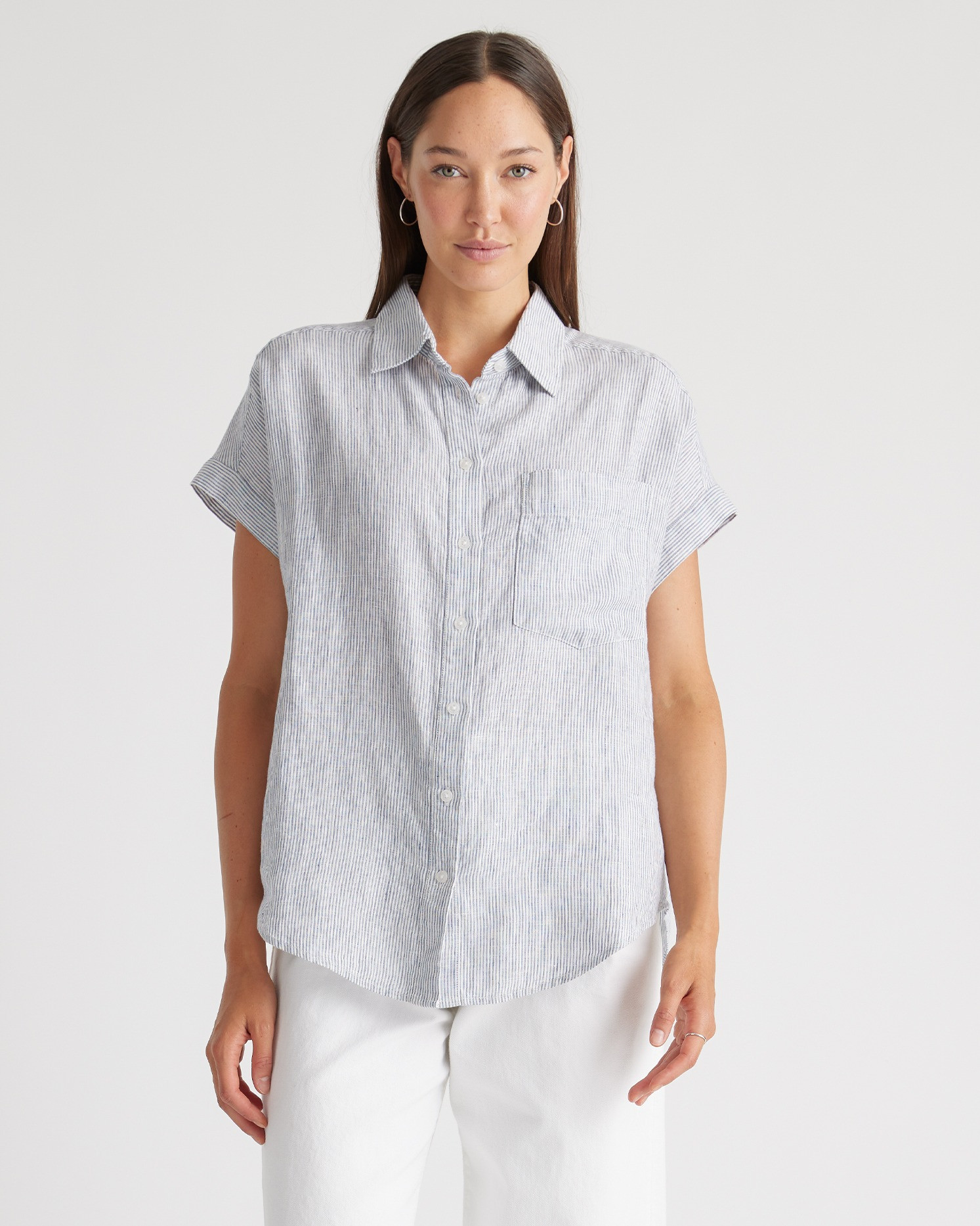 Quince | Women's 100% European Linen Camp Shirt in Blue Pinstripe, Size Small | Quince