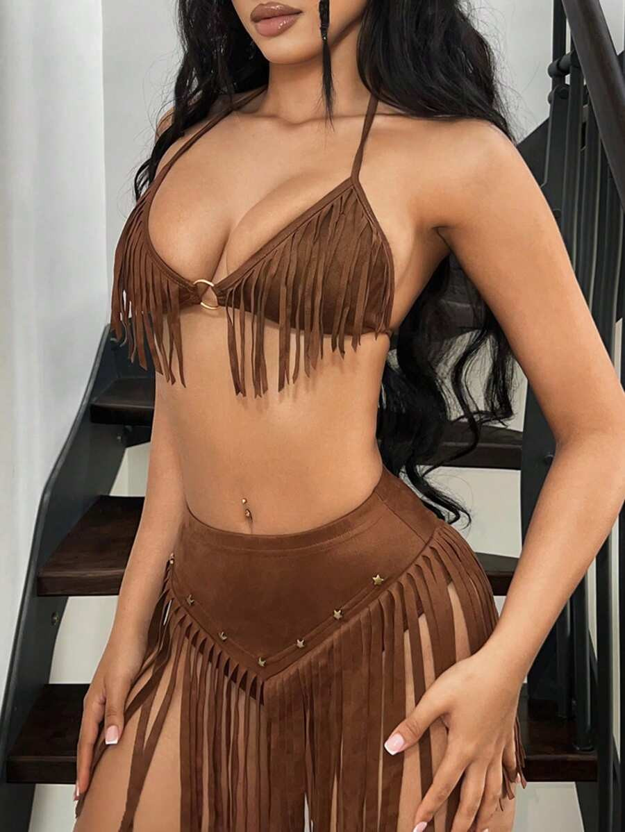 SHEIN ICON Women Holiday Style Tassel Halter Neck Backless Bralette Tank Top | SHEIN