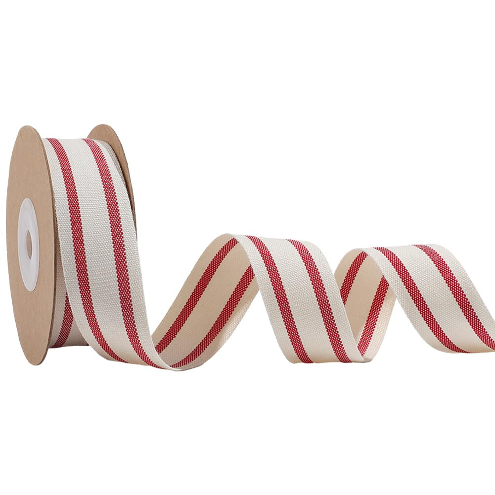 GORGECRAFT Cotton Stripes Ribbon 10 Yards x 1 Inch Natural Red and White Fabric Double Sided Webbing Present Wrapping Floral Decoration Grosgrain Trim for Crafting Sewing Christmas Birthday Party | Amazon (US)