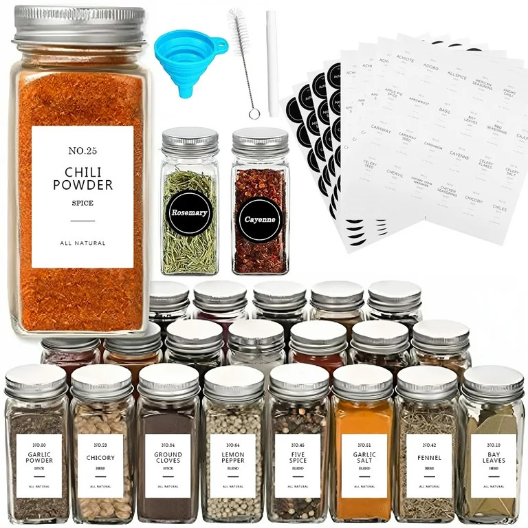 24 Pcs Glass Spice Jars/Bottles - 4oz Empty Square Spice Containers with 8 Spice Labels - Shaker ... | Walmart (US)
