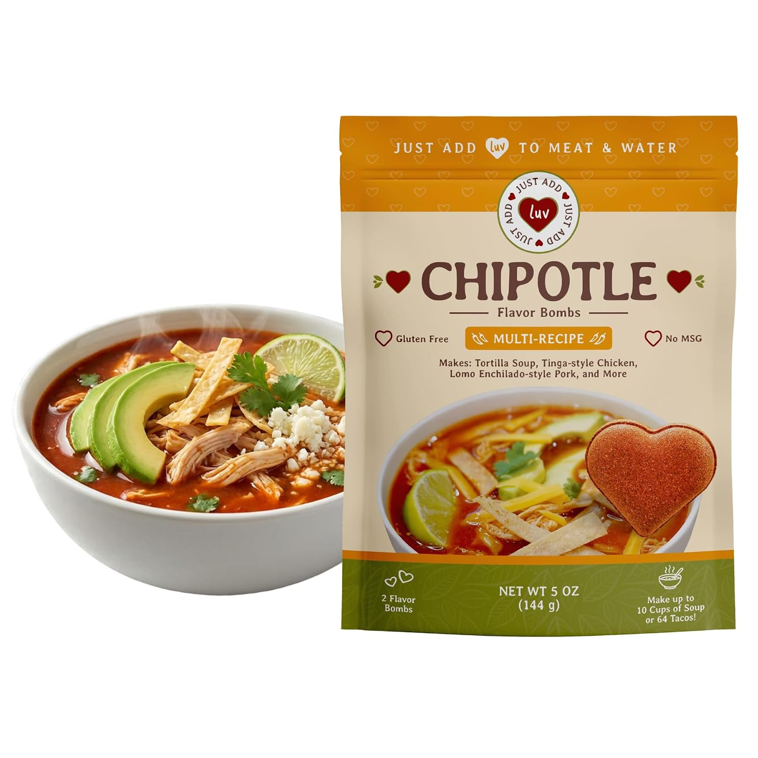 Just Add Luv Authentic Chipotle Flavor Bomb Seasoning – Mexican Smoky Spice Mix w/Chipotle Peppers, Herbs Spices – Perfect for Tortilla Soup, Tinga Chicken, Lomo Enchilado – No MSG - Gluten Free, Easy to Use (1 Bag - 2 Flavor Bombs) | Amazon (US)