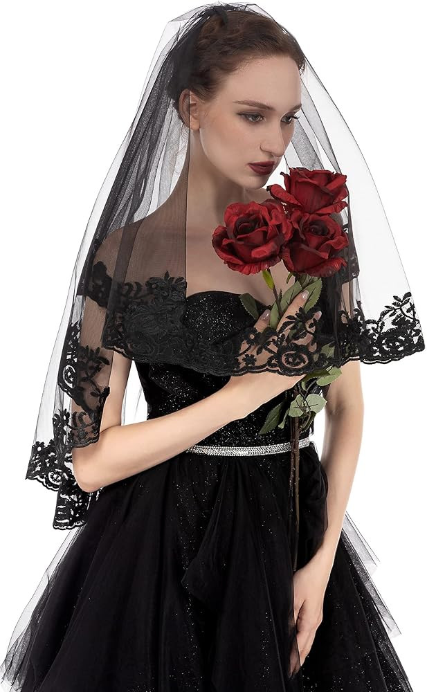 Pamor Black Lace Veil Creative Mantilla Cathedral Tulle Sheer Wedding Halloween Veil for Bride Wi... | Amazon (US)