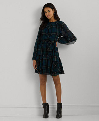 Lauren Ralph Lauren Women's Plaid Ruffle-Trim Georgette Tiered Dress - Macy's | Macy's