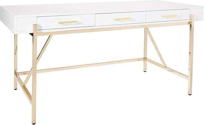 OSP Home Furnishings Broadway Modern Executive Desk with 3 Drawers and Charging Station, White Gl... | Amazon (US)
