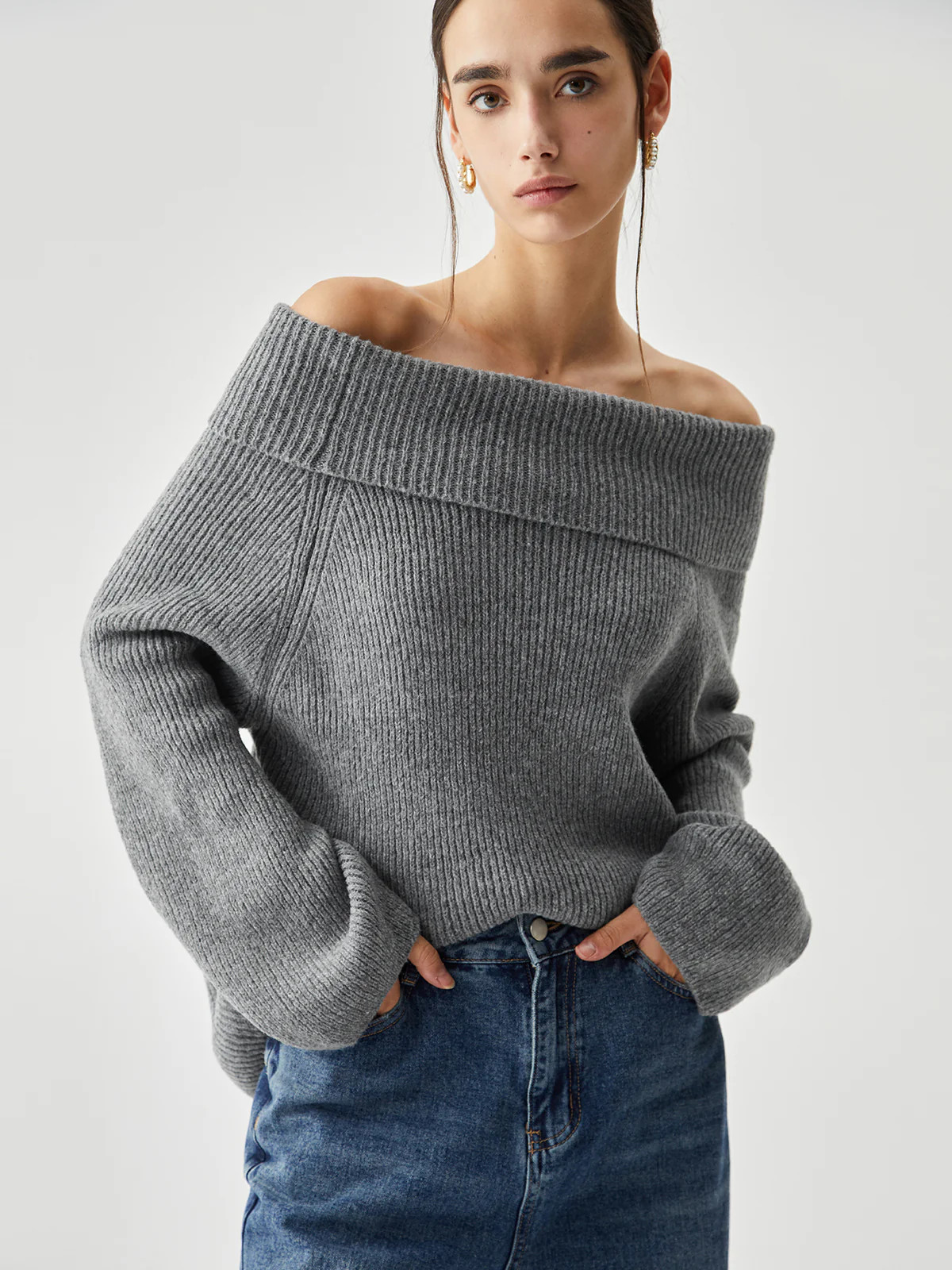 Oversized Overfold Off Shoulder Knit Sweater | Commense