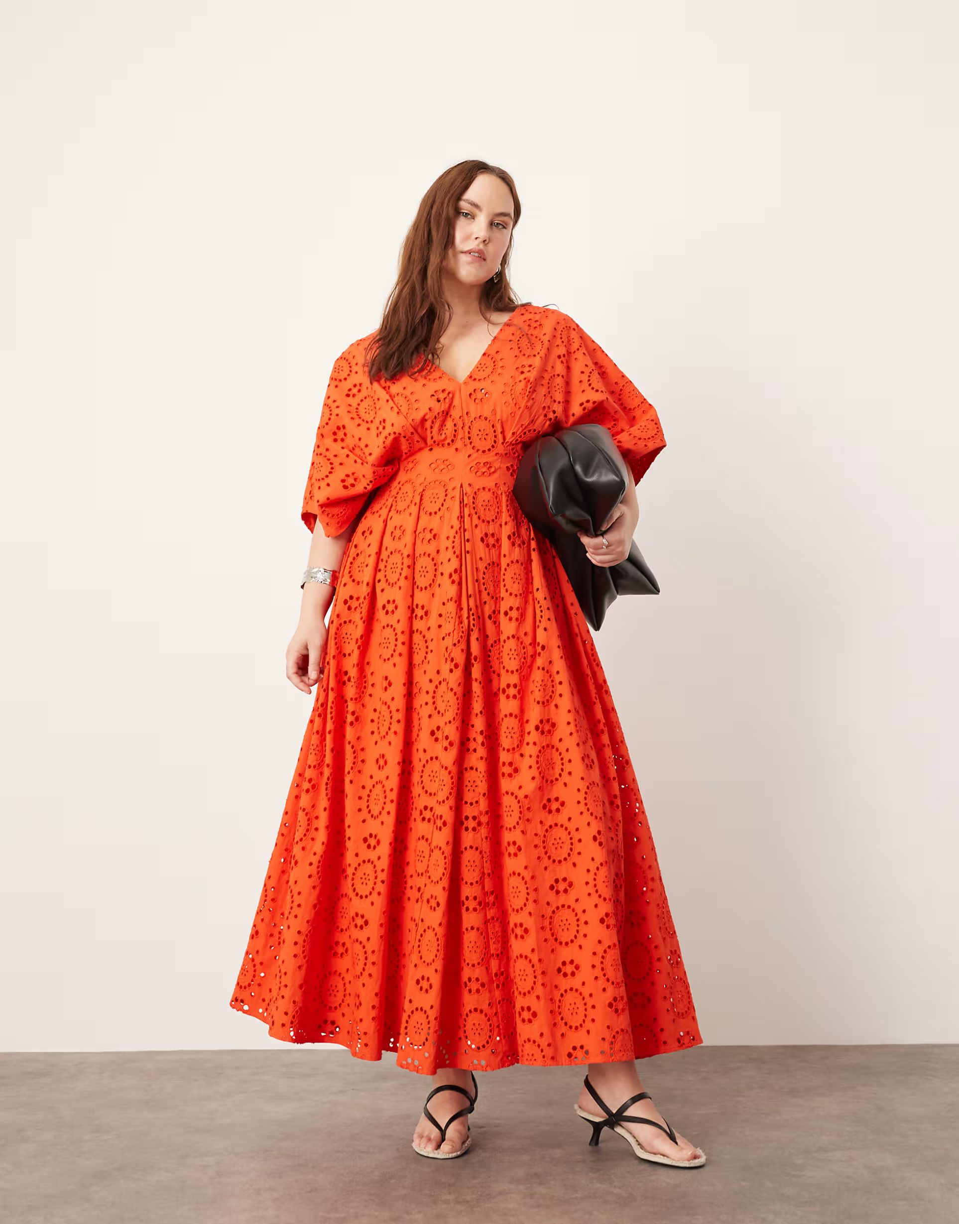 ASOS EDITION Curve broderie wide sleeve plunge midi dress in red | ASOS (Global)