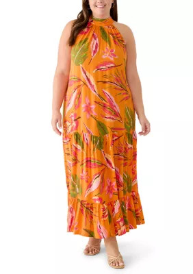 Plus Size Challis Sleeveless Halter Neck Maxi Dress | Belk