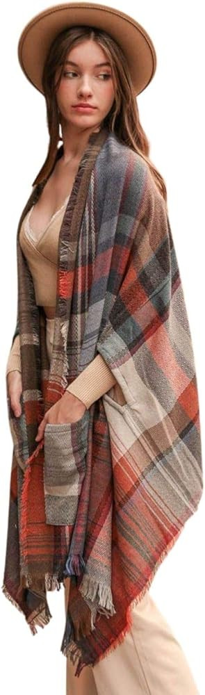 TD Collections Ruana wraps for Women Multicolor Plaid Pocket Ruana Poncho shawl cardigan open fro... | Amazon (US)