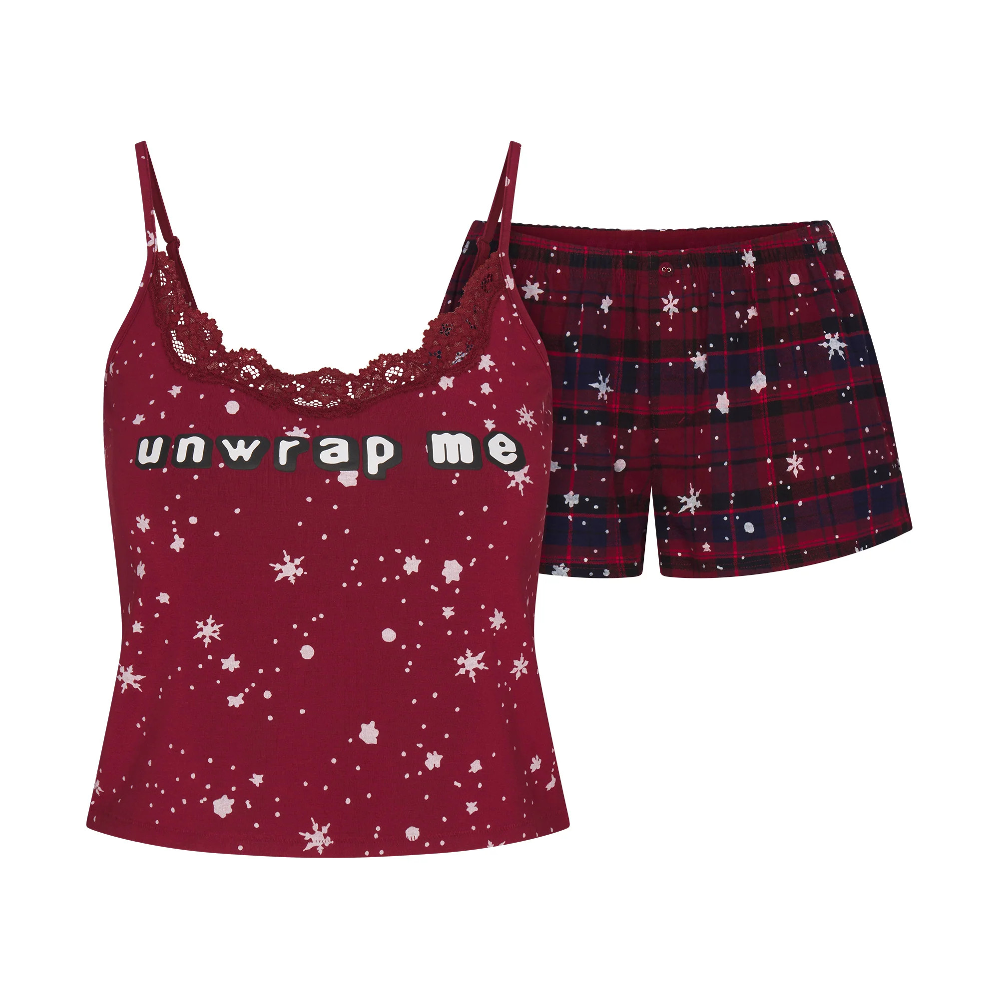 CACTUS PLANT FLEA MARKET X SKIMS SKIMS SLEEP LACE TANK AND FLANNEL SHORT SET | MERLOT UNWRAP ME S... | SKIMS (US)