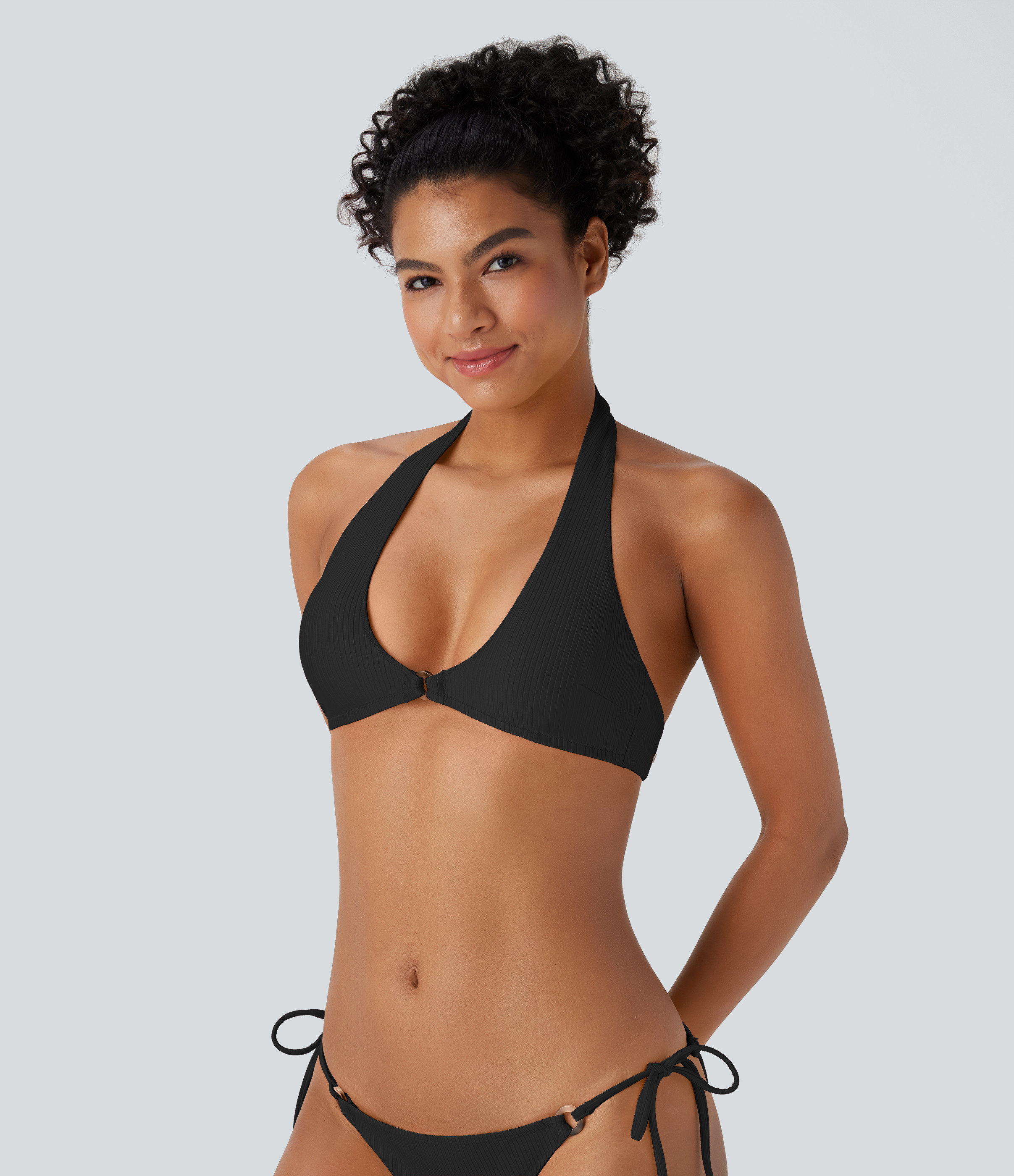 Halara Ribbed Halter Bikini Top Swimsuit  - Black - L | HALARA