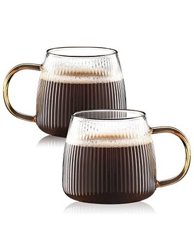 Luxtea Vintage Glass Coffee Mugs Set of 2 Ribbed Drinking Glasses Clear Tea Cups Borosilicate Glass Cup in Vertical Stripes Pattern for Cappuccino,Latte,Beverage (14 Fl.Oz.,Yellow Handle) | Amazon (US)