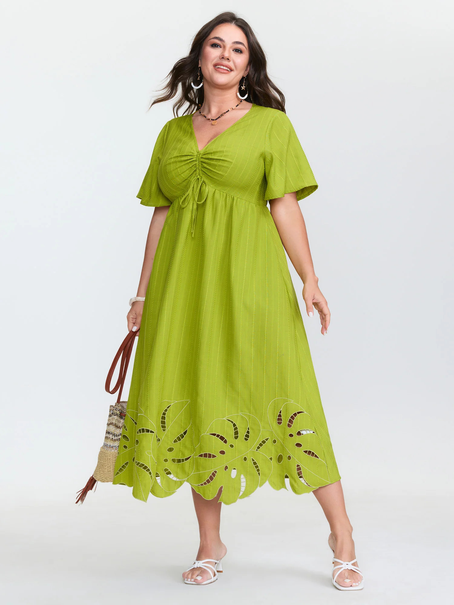 Ruched Bodice Embroidered Cut Out Midi Dress | Bloomchic