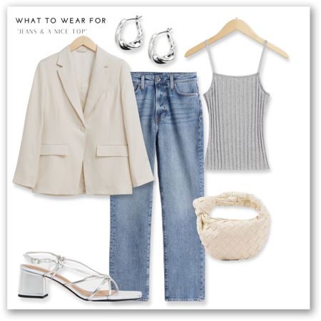 ‘Jeans & a nice top’ 👖 

Straight leg jeans, & other stories, silver top, heeled sandals, metallic, white woven clutch bag, silver hoops, linen blazer 

#LTKSeasonal #LTKeurope #LTKstyletip