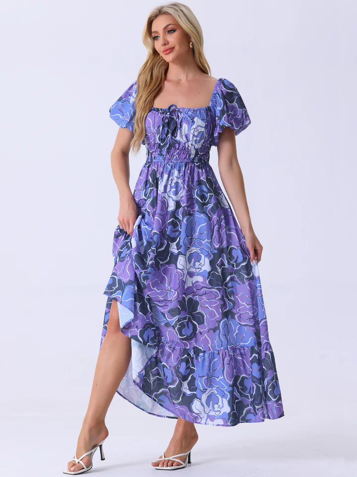 Floral Square Neck Puff Short Sleeves Boho Maxi Dress | allegra-k