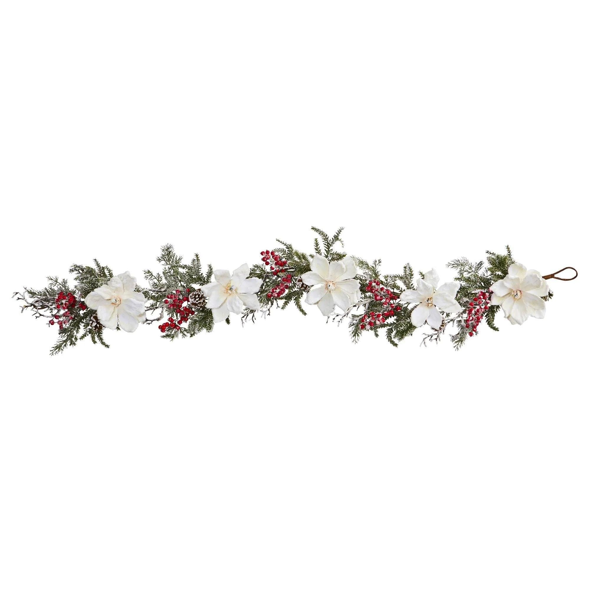 60” Frosted Magnolia & Berry Artificial Garland | Nearly Natural