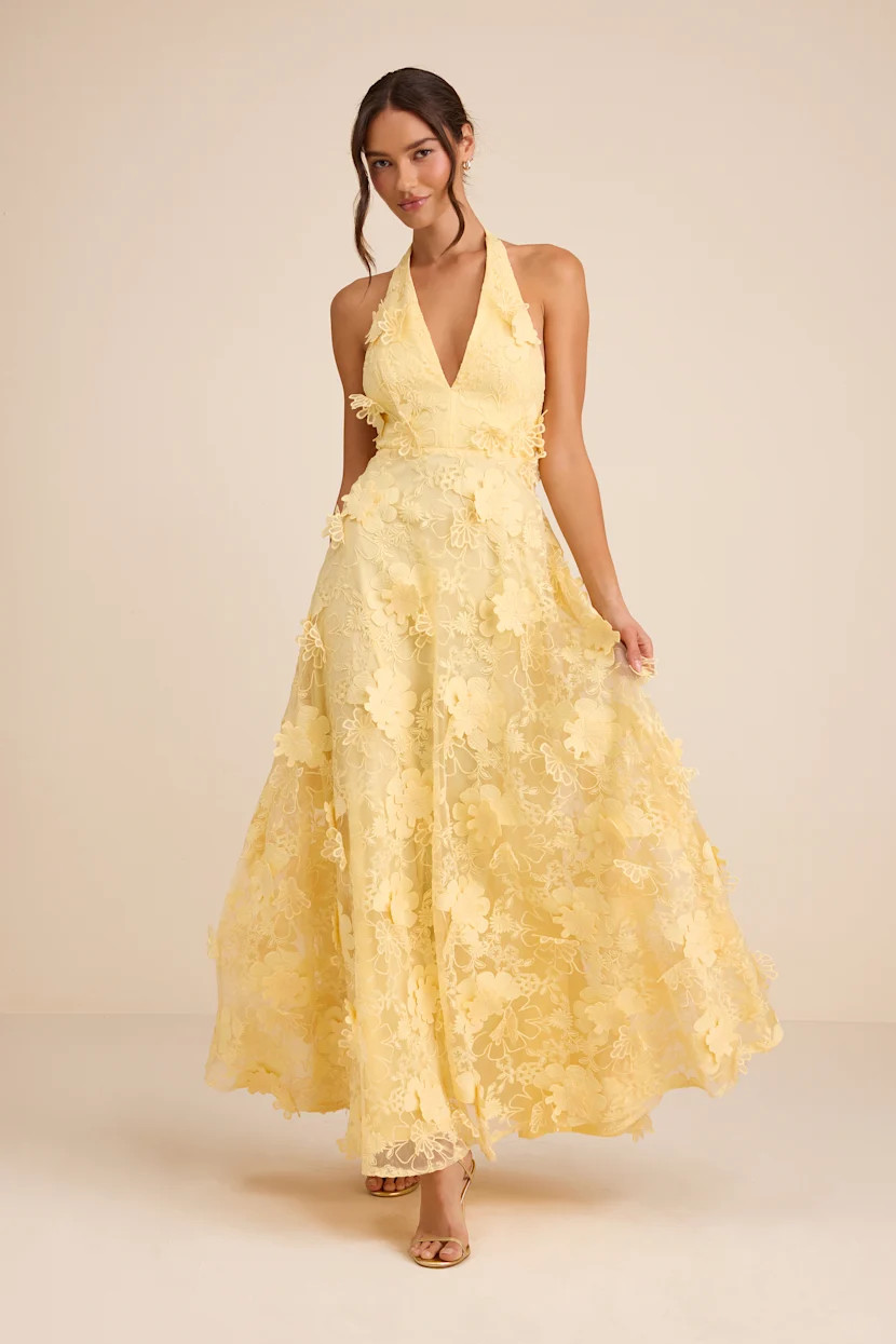 Kennia Light Yellow 3D Floral Embroidered Halter Maxi Dress | prom dress 2026 | Lulus
