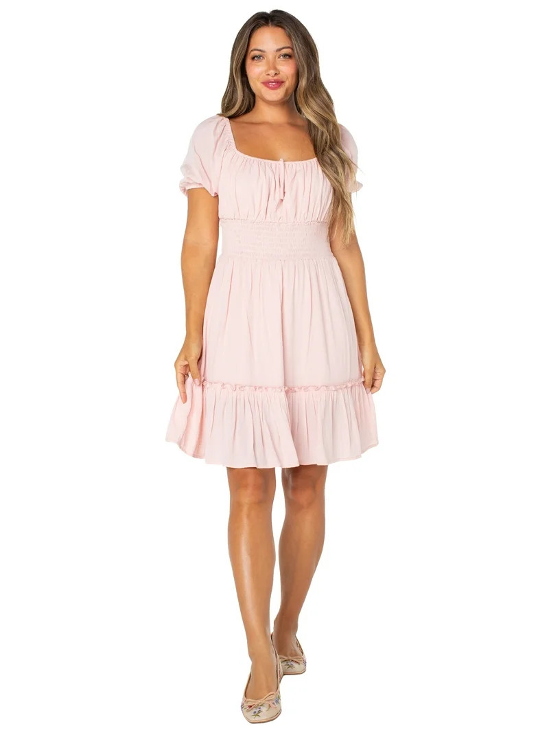 Celebrity Pink Women's Smocked Waist Dress with Short Puff Sleeves, Sizes XS-XXXL | Walmart (US)