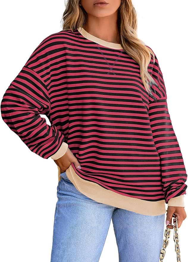 Eytino Women Plus Size Sweatshirt Striped Color Block Crew Neck Pullover Tops Long Sleeve Casual ... | Amazon (US)