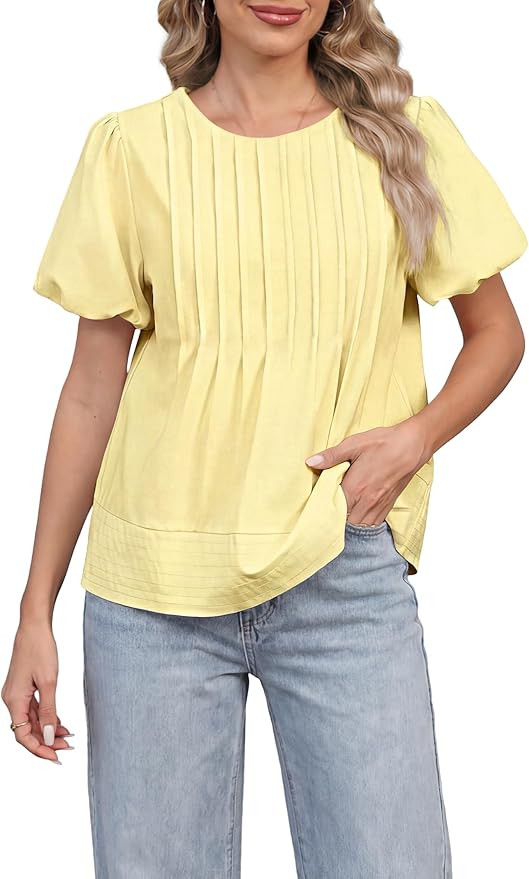 Funlingo Womens Puff Sleeve Babydoll Tops Summer Crew Neck Pleated Blouses Casual Loose Fit Flowy... | Amazon (US)