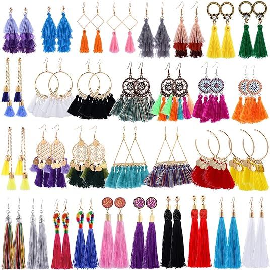 18-32 Pairs Tassel Earrings Set with Colorful Tassel Long Layered Dangle Hoop Tiered Thread Earri... | Amazon (US)