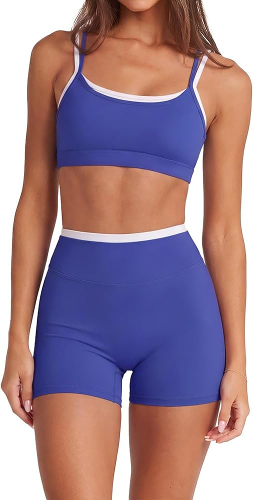 SUUKSESS Women 2 Pieces Workout Sets Padded Spaghetti Straps Camis High Waist Biker Shorts | Amazon (US)