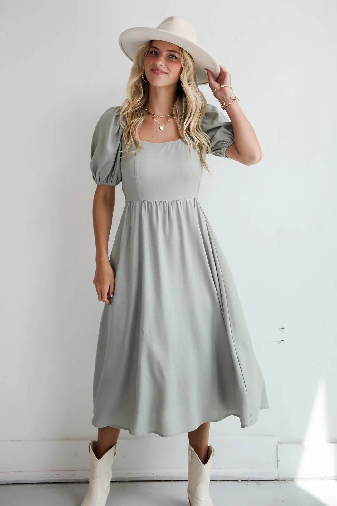 Chic Persuasion Sage Linen Midi Dress | Dress Up
