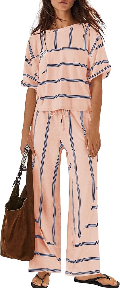 Nirovien Womens Striped Lounge Set 2 Piece Vacation Sets Short Sleeve Tops and Wide Leg Pants Tra... | Amazon (US)