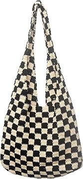 Churi Handmade Checkered Pattern Crochet Tote Bag, Aesthetic Hobo Shoulder Crochet Beach Bag | Amazon (US)