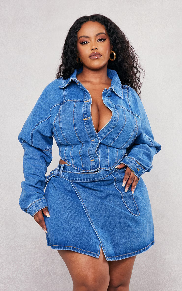 Plus Mid Blue Wash Corset Denim Jacket | PrettyLittleThing US