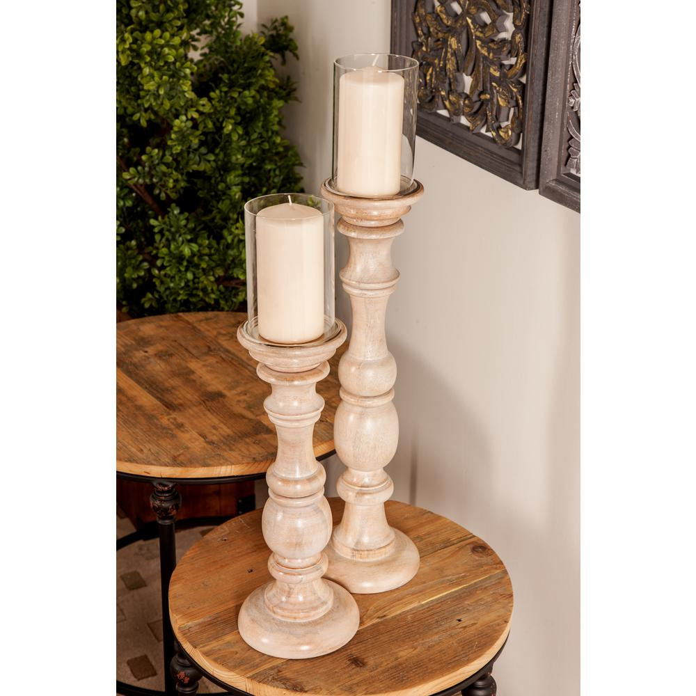 Litton Lane Off-White Turned-Style Mango Wood Candle Holders (Set of 2), Beige | The Home Depot
