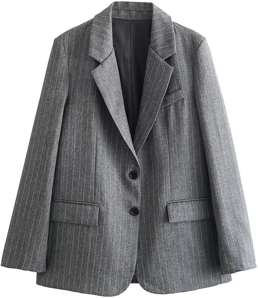 Women's Gray Blazer Striped Jacket Button Blazer Vintage Long Sleeve Pocket Jacket | Amazon (US)