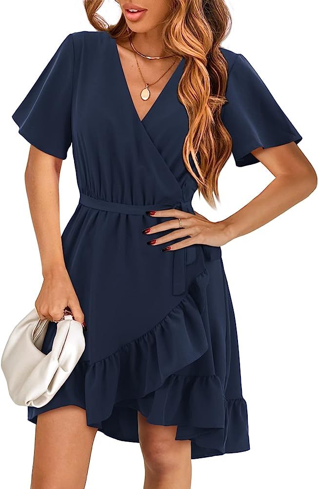 Amoretu Womens Short/Long Sleeve Dress Wrap V Neck Ruffle Hem Mini Summer Dresses | Amazon (US)