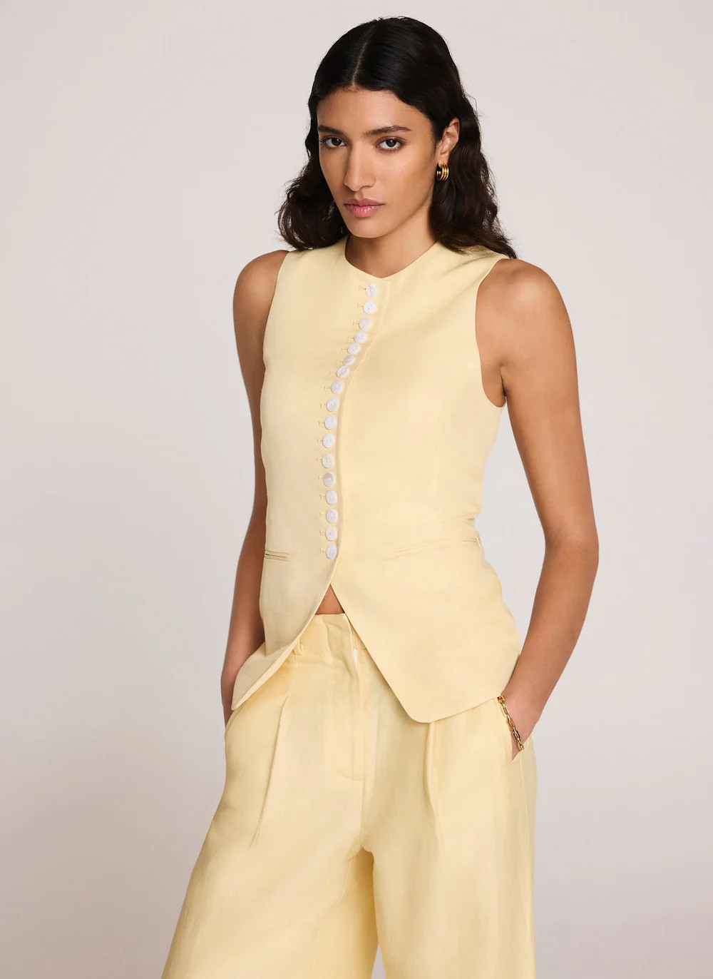 Yellow Linen Blend Longline Waistcoat | Mint Velvet