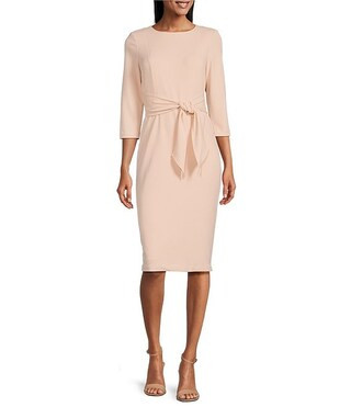 Stretch Crepe Crew Neck Tie Waist 3/4 Sleeve Midi Sheath Dress | Dillard's