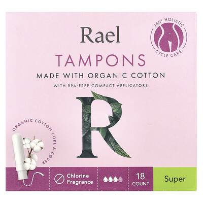 Rael, Organic Cotton Tampons, Super, Fragrance Free, 18 Count | iHerb