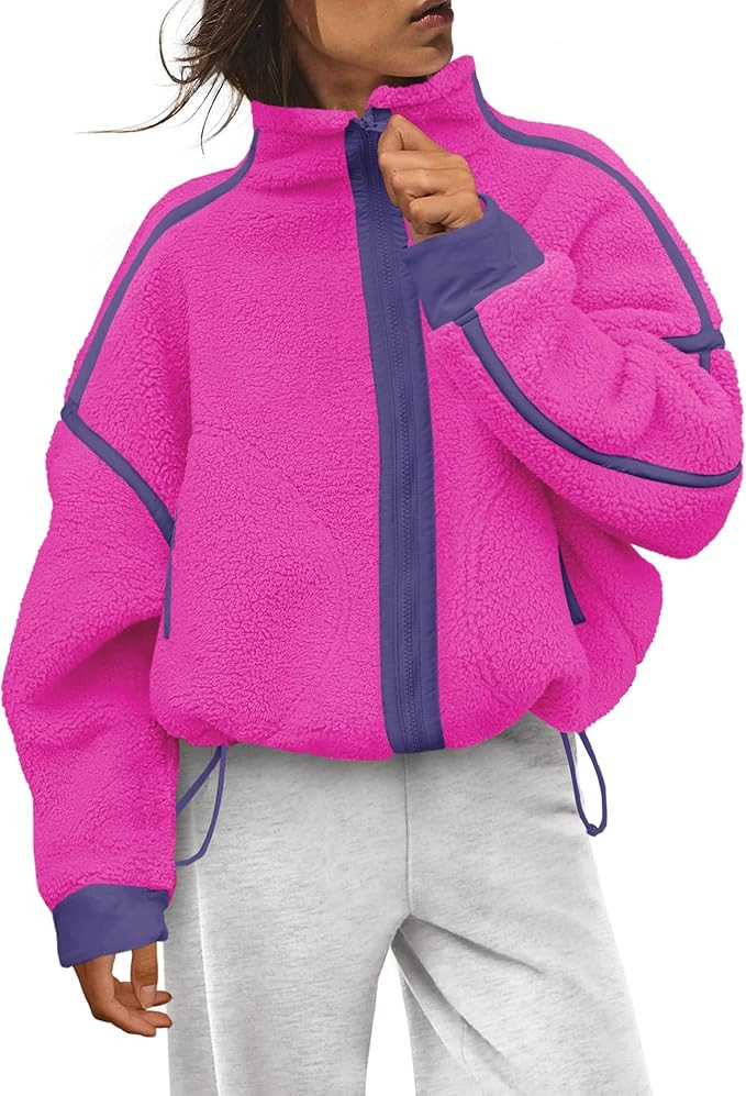 LAMISSCHE Zip up Fleece Jacket Women Oversized Mock Neck Sherpa Sweatshirt Striped Long Sleeve Pu... | Amazon (US)